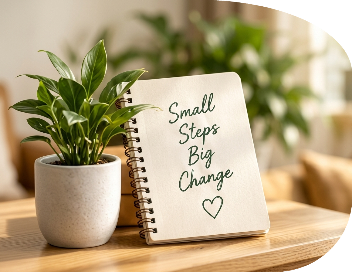 Small Steps Big Change spiral notebook on desk with plant